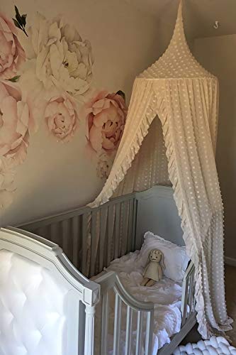 Wonder Space Elegant Kids Bed Canopy - Lace Chiffon Netting with Pom Pom, Princess Girls Fairy Dream Tent, Nursery Room Ba...
