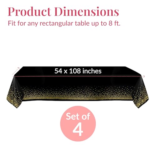 Prestee 4 Pack Gold and Black Table Cloth Rectangle Table Covers 54 x 108 Inches - Plastic Table Cloth Disposable for Part...