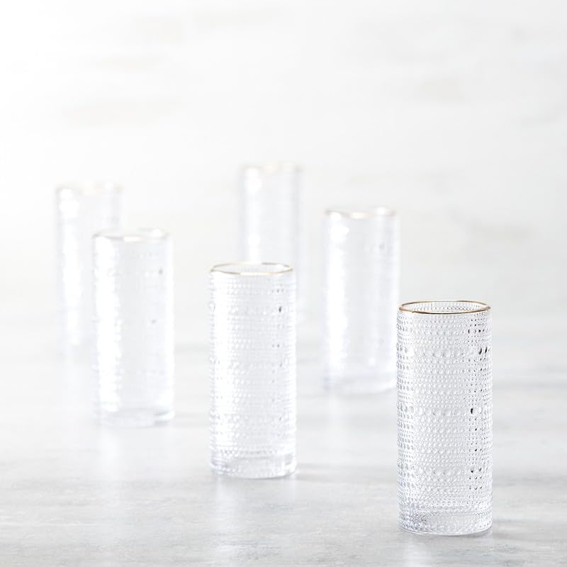 Fortessa Jupiter Beaded Hobnail Glass, 11 Ounce Collins/High Ball (Set of 6), Gold Rim Clear