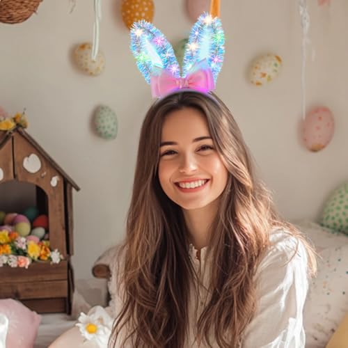Outyua Light up Bunny Ears Headband Halloween Rabbit Ear Headbands Bow Tinsel Easter Costume Hair Accessory for Women
