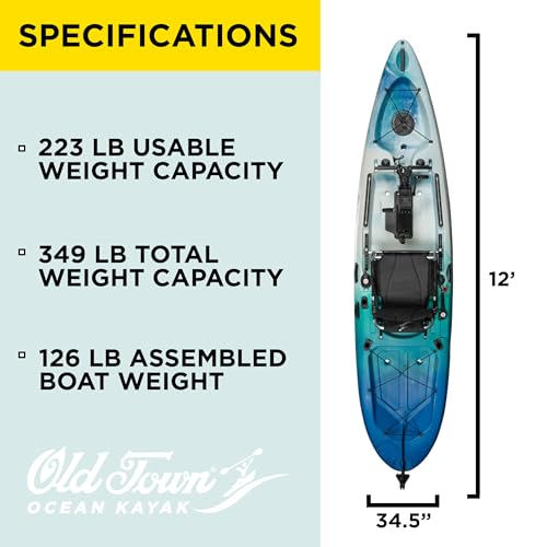 Old Town Ocean Kayak Malibu ePDL+ 120 Solo Sit-on-Top Recreational Kayak with Motor Power-Assisted Pedal and Cruise Contro...