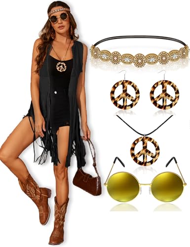 APRROOT Hippie Clothes for Women 5 Pcs 70s Outfits Disco Costume 60s Woman Halloween Costume Cowgirl Fringe Vest Country Concert Outfits Black XL