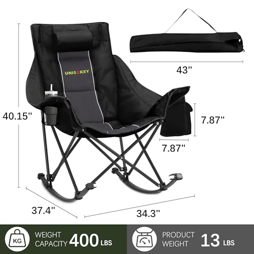 Unisakey Oversized Rocking Camping Chair with Headrest & Cup Holder - 400lbs Capacity, 600D Oxford Fabric, Easy Fold Porta...
