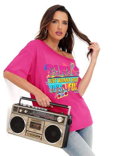 OCURHU 80s Shirts for Women Oversized Retro Off The Shoulder Top Disco 80s 90s Theme Party Outfit