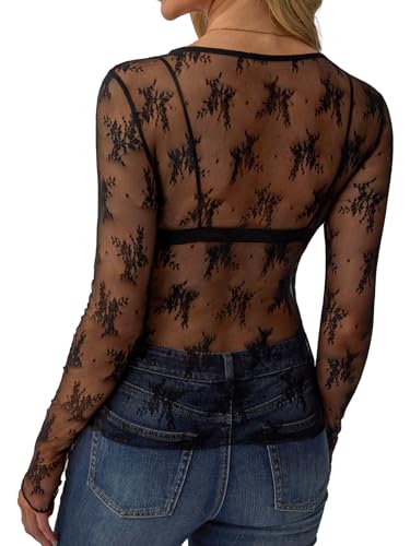 GKBK Womens Mesh Long Sleeve Tops Crew Neck Sexy See Through Tee Shirts Party Club Night Lace Blouse