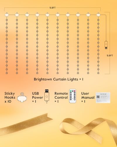 Brightown Smart Curtain Lights, USB Plug in, 9.8ft 300 LED Window Smart String Light with APP and Remote, 8 Modes, Waterpr...