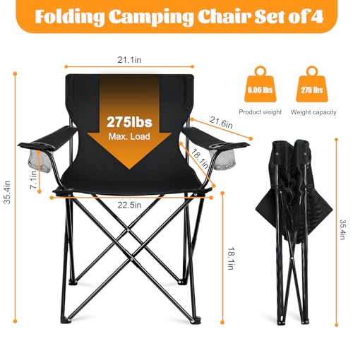 HaSteeL Camping Chairs 4 Pack, Oversized Folding Chair with Cup Holders for Adults, Portable Chair & Carry Bag for Outdoor...