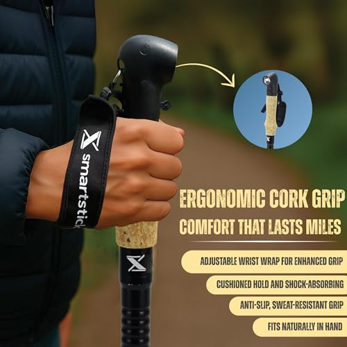 SmartstickX Collapsible Tactical Walking Stick with LED Light, USB Charging, Cork Grip, and Survival Tools – Aircraft Alum...