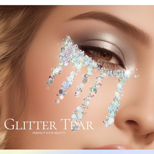Teenitor Body Glitter, Body Glitter Gel, Hair Glitter, Face Glitter, Holographic Chunky Makeup Silver Glitter Gel for Fac...