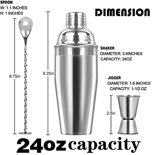 Large 24oz Cocktail Shaker Set, Stainless Steel 18/8 Martini Mixer Shaker with Built-in Strainer, Measuring Jigger & Mixin...