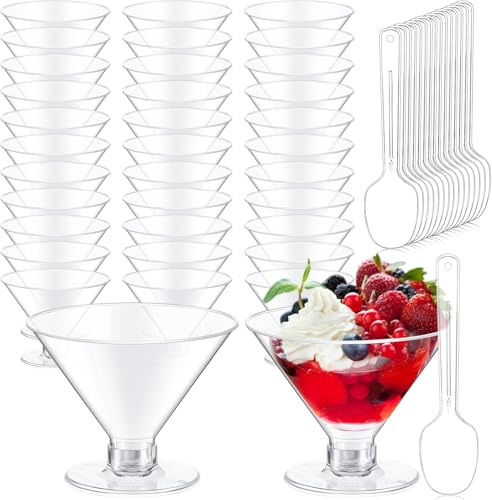 Yinkin 50 Cups and 50 Spoons Plastic Martini Glasses Disposable Cocktail Glasses Mini Martini Plastic Cups Dessert PVC Sho...