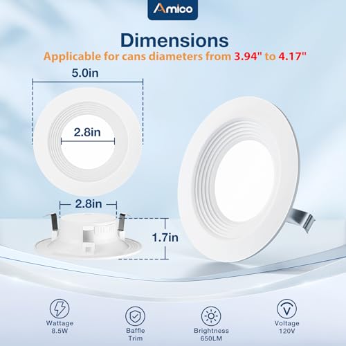 Amico 24 Pack 4 inch 5CCT LED Recessed Lighting, Dimmable, 8.5W=60W, 650LM, 2700K/3000K/4000K/5000K/6000K Selectable, Retr...