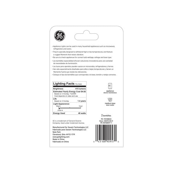GE Incandescent 40 Watt Soft White A15 Appliance Bulbs 2 Pack