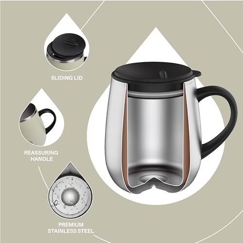 Ideus 16 oz (470 ml) Insulated Coffee Mug with Handle and Lid, Double Wall Stainless Steel Vacuum Thermal Coffee Mug, Trav...
