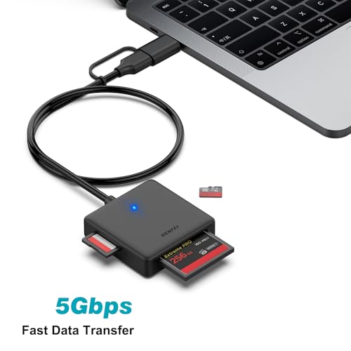 Memory Card Reader, BENFEI 4in1 USB 3.0 and USB-C to SD Micro SD MS CF Card Reader Adapter, 4 Cards Simultaneously Read an...