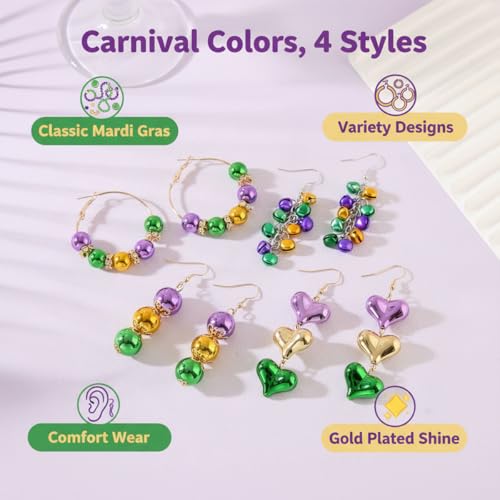 Met-edianger 4 Pairs Mardi Gras Earrings Set Carnival Dangle Drop Earrings Purple Green Yellow Round Heart Beaded Party Fe...