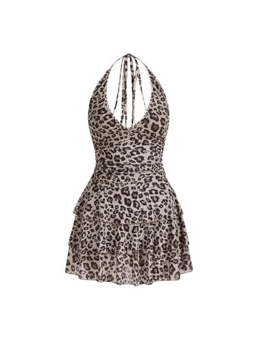 WDIRARA Women's Y2k Leopard Print Halter Dress Tie Backless Layered Ruffle Hem Mini Dresses Cheetah Mesh Dress