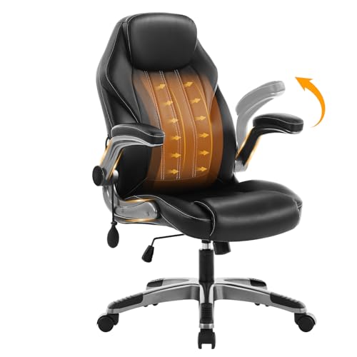 Office Desk Chair, Ergonomic Computer Chair with Padded Flip-Up Arms and Adjustable Lumbar Support, PU Leather Executive C...
