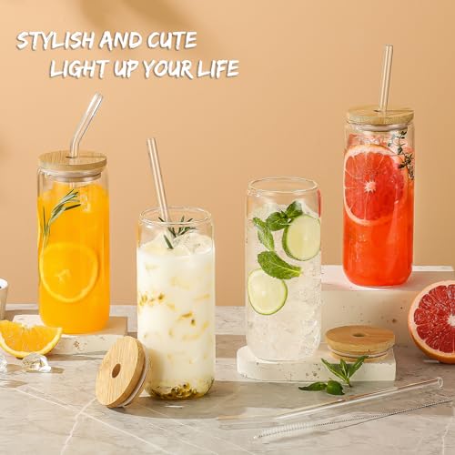 SENTVEND 20 Oz Drinking Glasses with Bamboo Lids and Glass Straw - 8 Pcs Glass Cups Beer Ice Coffee Glasses Cute Aesthetic...