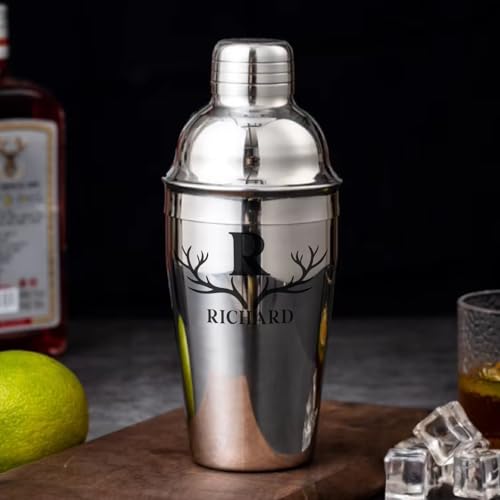 Personalized Cocktail Shaker 24oz - Custom Stainless Steel Bar Kit with Engraved Name, Built-in Strainer & Measuring Jigge...