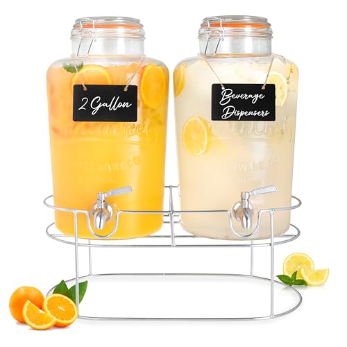 Ilyapa 2 pack 2 Gallon Glass Beverage Dispenser with Stand- Wide Mouth Mason Jar Drink Dispensers with Spigot - Leak Proof...