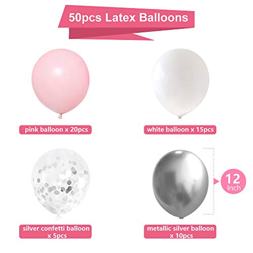 Silver Pink White Latex Balloons, 50 Pack 12 Inches Silver Confetti Party Balloon Metallic Balloons for Girl Baby Shower B...