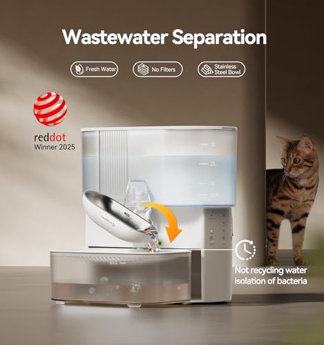 Wireless Cat Water Fountain No Filters, Wastewater Separation, FEELNEEDY Stainless Steel Bowl, 3.5L Pet Water Fountain for...