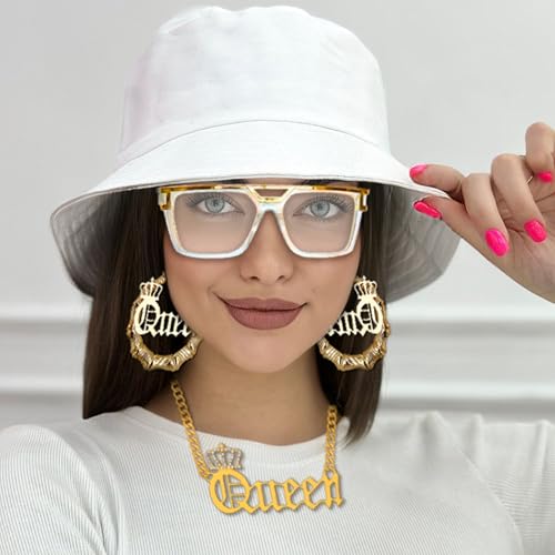 MEDOJO 80 90s Hip Hop Queen Costume Kit Hat Accessories Set for Women Rapper DJ