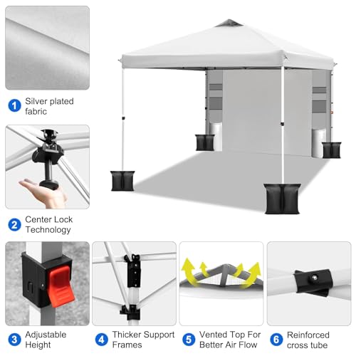 WEIZE 10x10 Pop Up Canopy Tent,One-Button Push Setup,Pop Up Tent with 1 Sidewall and 6 Pockets,Adjustable Height Instant P...