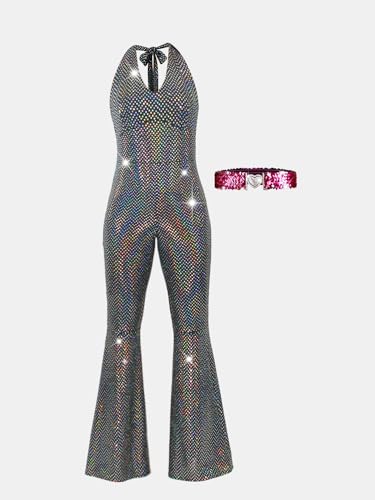 Nawgut Disco Outfit 70s 80s Prom Sparkle Flare Jumpsuit Party Costume Halloween Cosplay For Adult Women