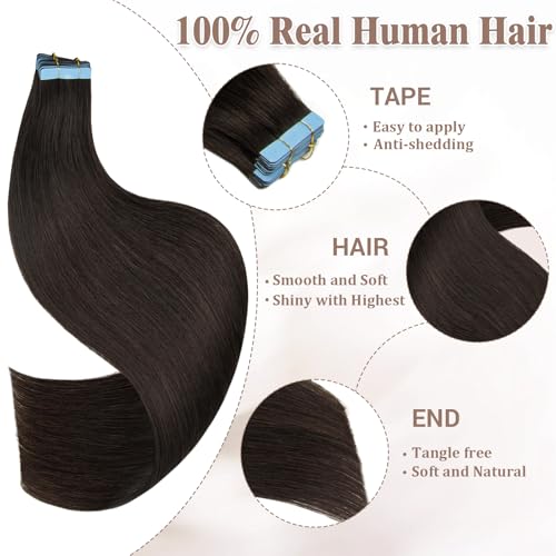 Tape in Hair Extensions Human Hair, 24 Inch Natural Black 20pcs Hair Extensions Real Human Hair Tape in Extensions Invisible Tape in Hair Extensions for Women (1B, 24 Inch)