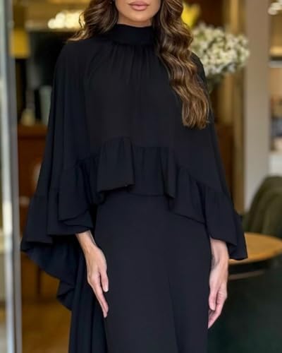 CHICME 2 Pieces Outfits for Women High-Low Ruffles Hem Cape Top and Casual Wide Leg Pants Travel Matching Sets