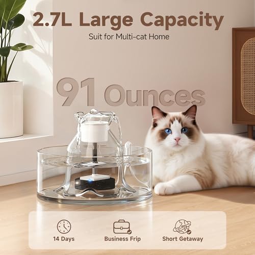 PETIMI Glass Cat Water Fountain, 2.7L/91 oz Ultra-Quiet Pet Fountain, Automatic Water Dispenser for Cats & Small Dogs, Spi...