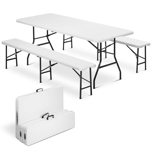 SAVWAY 6 Feet Picnic Table Set with 2 Benches, 6ft Folding Camping Table Chair Set for Indoor Outdoor Use, 3-Piece 6 ft Po...