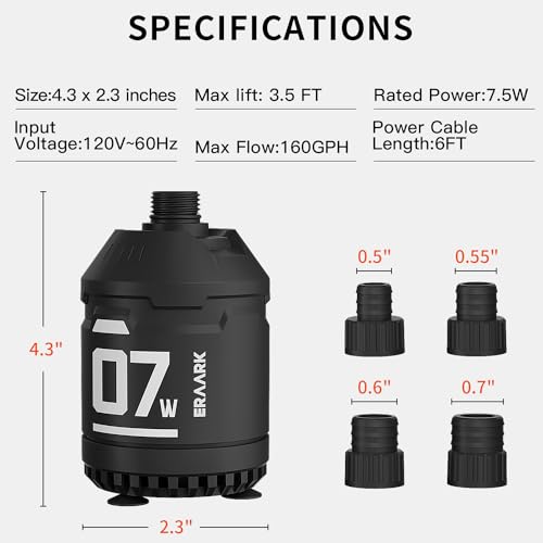 ERAARK 160GPH 7.5W Submersible Water Pump Ultra Quiet Small Fountain Pump for Aquariums, Fish Tank, Pond, Hydroponics