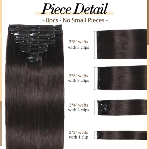 Clip in Hair Extensions Real Human Hair, 22 inch 110g, Balayage Invisible Remy Human hair Clip in Extensions for Women Seamless Straight 8Pcs Double Weft Dark Brown