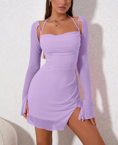 HTZMO Sexy Women's Halter Flounce Sleeves Ruched Mini Dress Sheer Mesh Side Split Cute Party Short Dresses