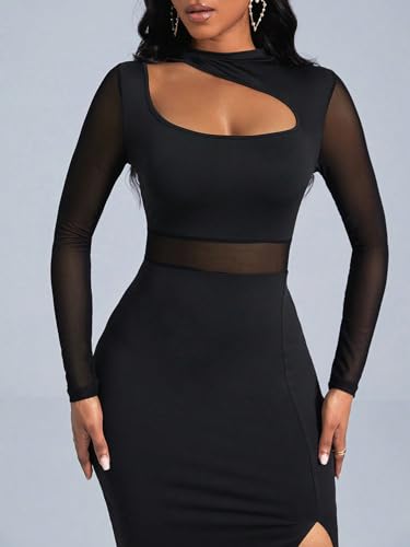 Milumia Women's Cut Out Mock Neck Mesh Dress Slit Hem Long Sleeve Bodycon Maxi Dresses