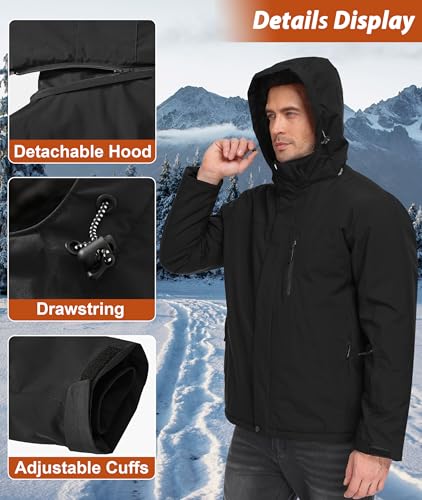 Buyboxs Mens Winter Snow Jacket Waterproof Ski Jackets Snowboard Rain Warm Coat Insulated Hood Fleece Lined