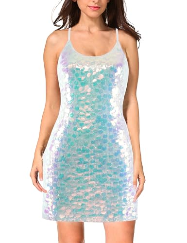 MANER Women's Glitter Sequin Dress Adjustable Spaghetti Strap Sparkle Party Dresses
