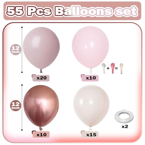 Dusty Pink Beige Balloon, 55 Packs 12 Inch Double Stuffed Retro Baby Pink and Metallic Rose Gold Balloons for Bridal Baby ...