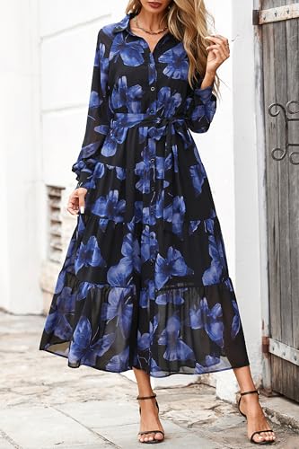 PRETTYGARDEN Women's Fall Dress 2025 Casual Long Sleeve Button Down Belted Boho Floral Flowy Maxi Wedding Guest Dresses