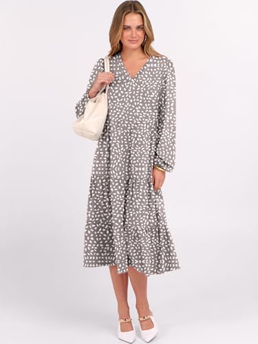 ANRABESS Women's Long Lantern Sleeve Floral Midi Dresses 2026 Spring V Neck Casual Flowy A-line Tiered Boho Vacation Dress