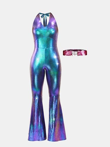 Nawgut Disco Outfit 70s 80s Prom Sparkle Flare Jumpsuit Party Costume Halloween Cosplay For Adult Women