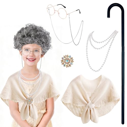 100 Days of School Costume for Girls Kids 100th Day of School Outfit 100 Year Old Outfit Grandma Granny Dress Up Old Lady ...