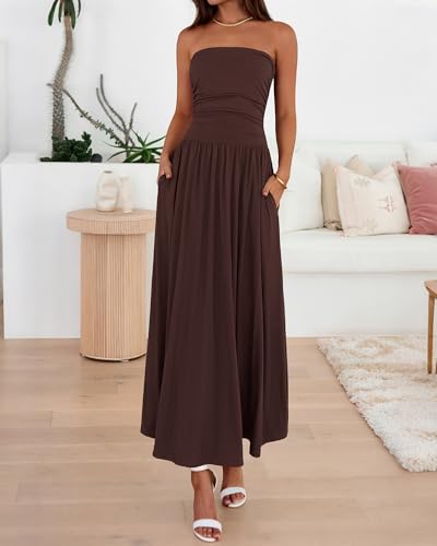 BTFBM Summer Maxi Dresses for Women 2026 Strapless Ruched Tube Top Beach Vacation Spring Wedding Guest Dress Pockets