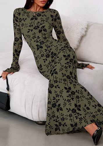 PRETTYGARDEN Women's Floral Bodycon Maxi Dress 2026 Spring Elegant Mesh Long Sleeve Formal Wedding Guest Cocktail Dresses