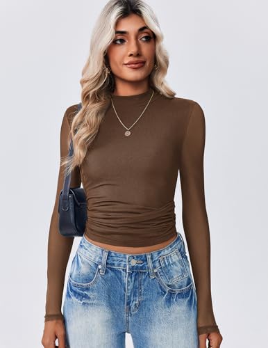 Zeagoo Womens Floral Mesh Long Sleeve Tops See Through Going Out Blouses Mock Neck Sheer Party Outfits Shirts S-XXL