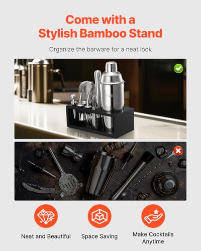 VEVOR Cocktail Shaker Set, 13-Piece Stainless Steel Bar Tools with Bamboo Stand, Martini Bartender Kit Accessories | Mixer...