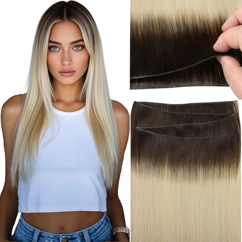Loxxy Genius Weft Hair Extensions Human Hair Ombre Rooted Darkest Brown To Platinum Blonde Virgin Hair Hand Tied Human Hair Weft Extensions 60g 22inch R#2/60A